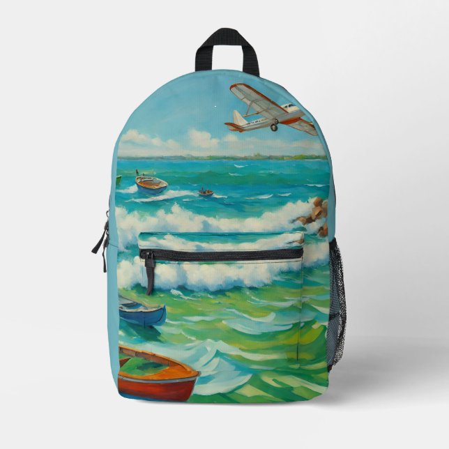 Boote Beach Sea Flugzeug Überall im Print-Rucksack Bedruckter Rucksack (Vorderseite)