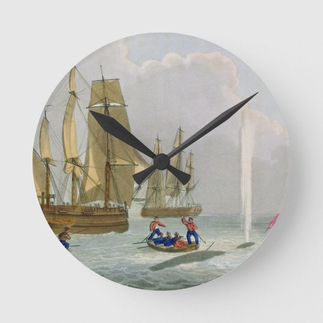 Boote, die sich einem Wal nähern, graviert von Mat Runde Wanduhr (Vorderseite)