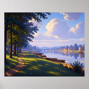 Boote entlang des stillen Flusses Poster
