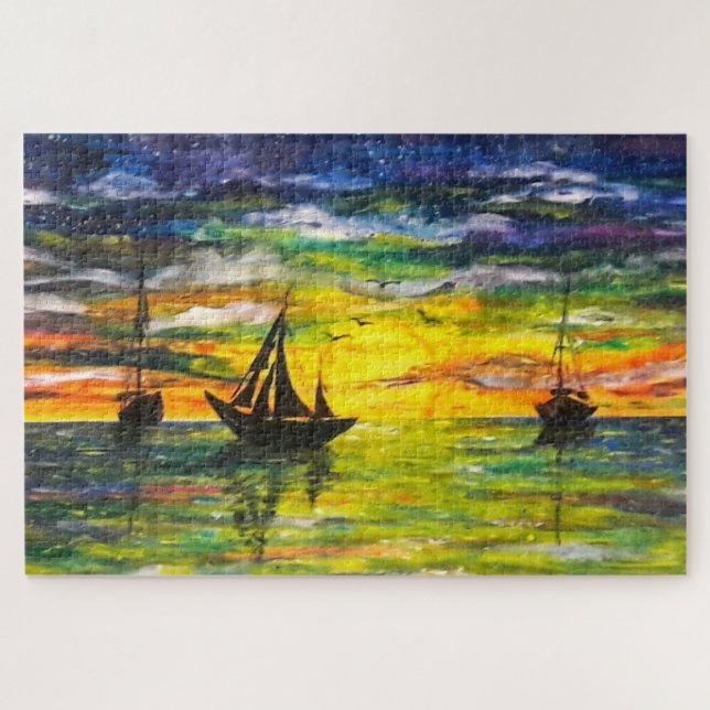 Boote im Sunset Puzzle - Malerei (Horizontal)