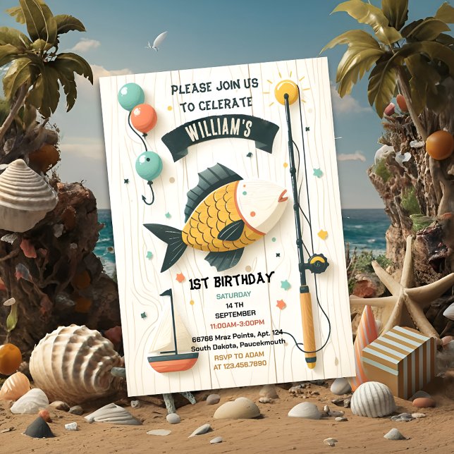 Boote niedlicher Junge Fischen am 1. Geburtstag Einladung (Von Creator hochgeladen)