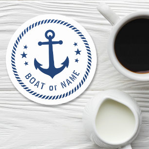 Boote oder Name Vintage-Anker Sterne Seil Blau Wei Runder Pappuntersetzer