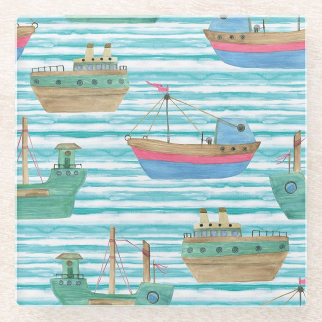 Boote Streifen: Aquarellmalerei Muster. Glasuntersetzer (Vorderseite)