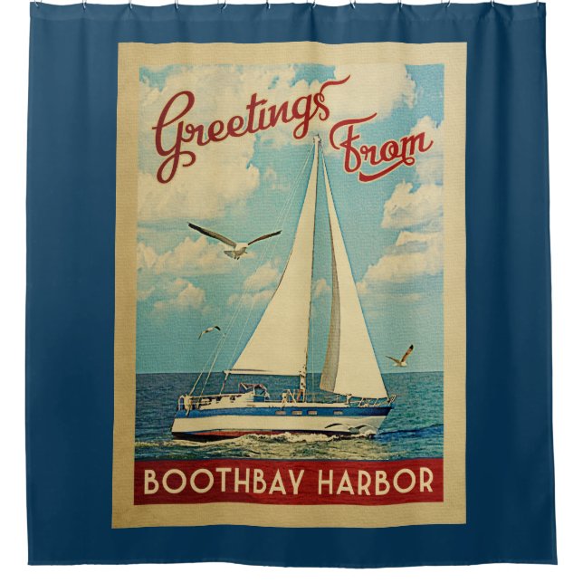Boothbay Harbour Sailboat Vintage Travel Maine Duschvorhang (Vorderseite)