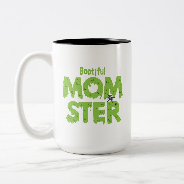 Bootie Momster Mama Funny Halloween Puns Zweifarbige Tasse (Links)