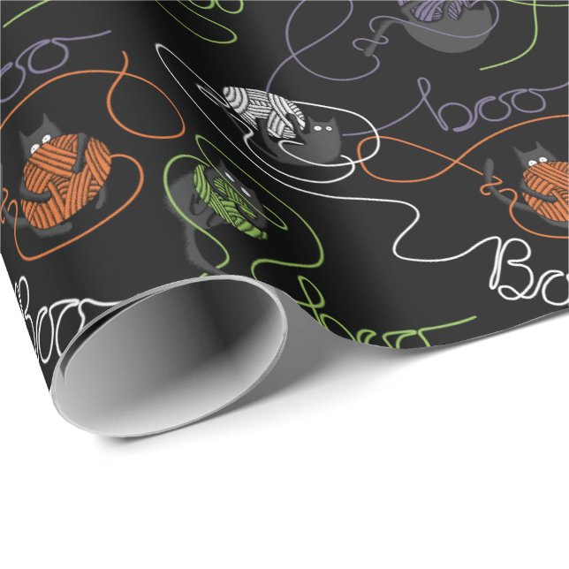 Bootigezähmtes Schwarzes Katzen und GarnHalloween Geschenkpapier (Rolleneckpunkt)