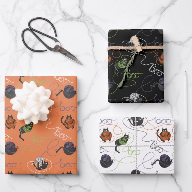 Bootigezähmtes Schwarzes Katzen und GarnHalloween Geschenkpapier Set (Vorderseite)