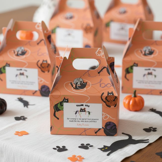 Bootigezähmtes Schwarzes Katzen und GarnHalloween Geschenkschachtel (Orange Black Cat & Boo Yarn Halloween October Birthday Party Thank You Favor Boxes for Cat Lover)