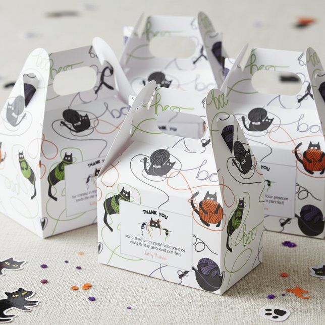 Bootigezähmtes Schwarzes Katzen und GarnHalloween Geschenkschachtel (Black Cat & Boo Yarn Halloween October Birthday Party Thank You Favor Boxes in White for Cat Lover)