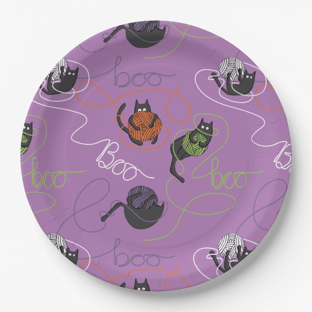 Bootigezähmtes Schwarzes Katzen und GarnHalloween Pappteller (Vorderseite)