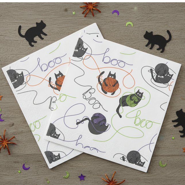 Bootigezähmtes Schwarzes Katzen und GarnHalloween Serviette (Cute Spooky Black Cat Napkins. Fun Black Kitten, Orange, Purple, Green Yarn & BOO Halloween Pattern)