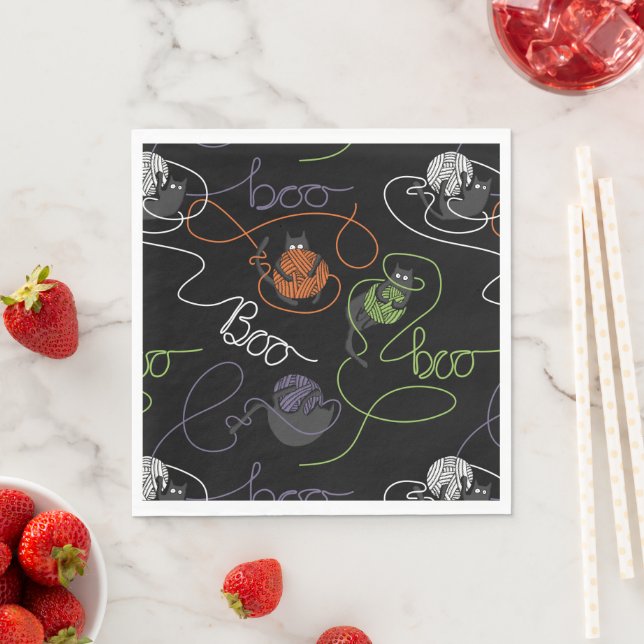 Bootigezähmtes Schwarzes Katzen und GarnHalloween Serviette (Beispiel)