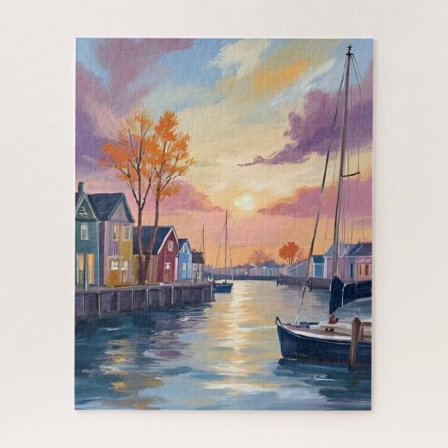 Bootmarina | Aquarellmalerei einer Küstenbucht Puzzle (Vertikal)