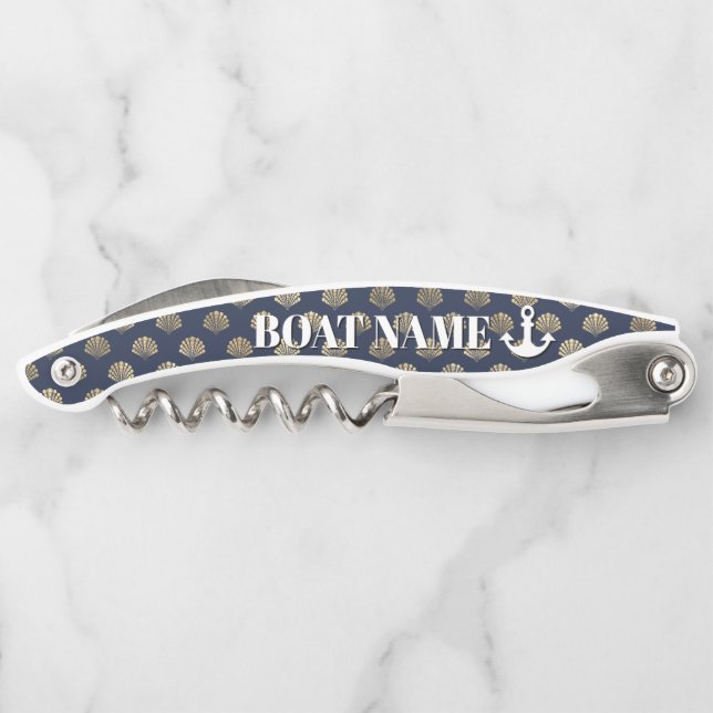 Bootname Anchor Blue Gold Seashell Nautical Kellnermesser (Rückseite)