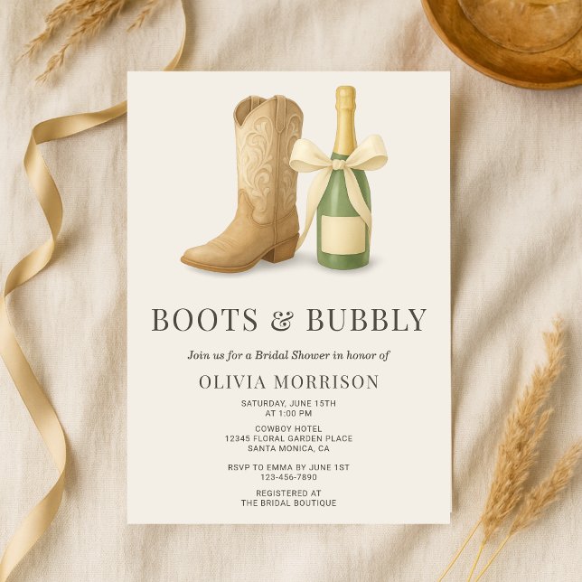 Boots and Bubbly Elegant Bow Bridal Shower Einladung (Von Creator hochgeladen)