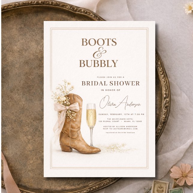 Boots and Bubbly Floral Bow Bridal Shower Einladung (Von Creator hochgeladen)