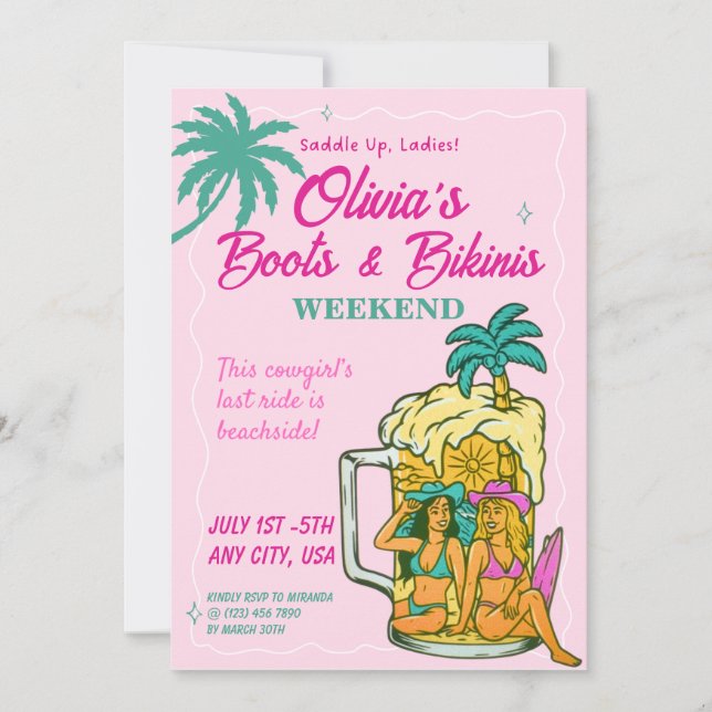 Boots & Bikinis Bachelorette Invitation  Einladung (Vorderseite)