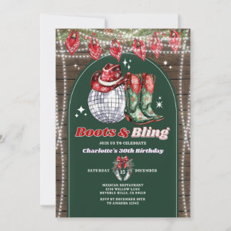 Boots & Bling Adult Birthday Christmas Party Wood Einladung