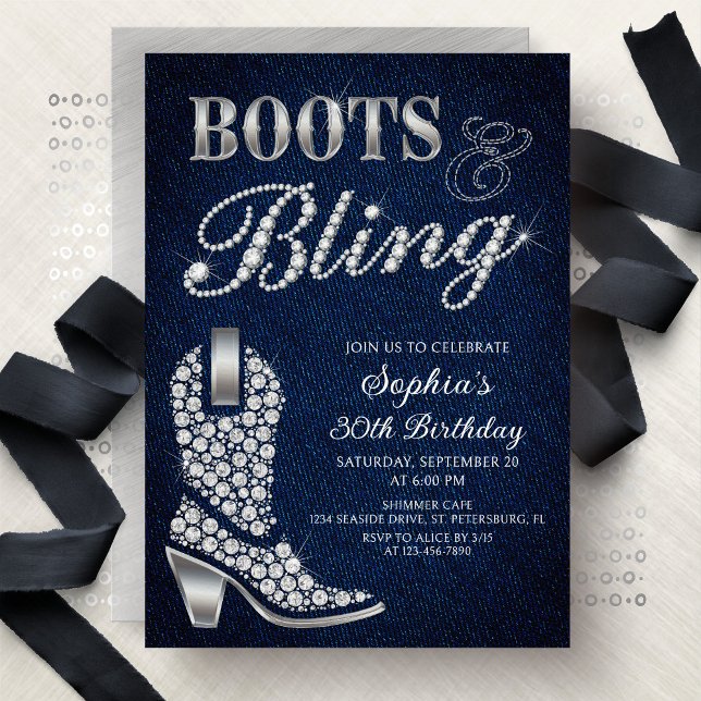 Boots Bling Denim Western Birthday Einladung (Von Creator hochgeladen)