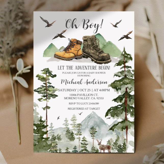 Boots Boy Pine Adventure Begin Forest Baby Shower Einladung (Von Creator hochgeladen)