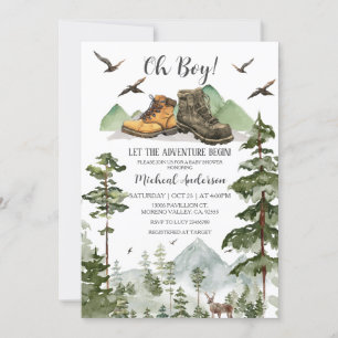 Boots Boy Pine Adventure Begin Forest Baby Shower Einladung