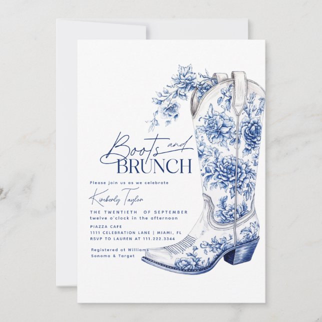 Boots & Brunch Blue Chinoiserie Brautparty Einladung (Vorderseite)