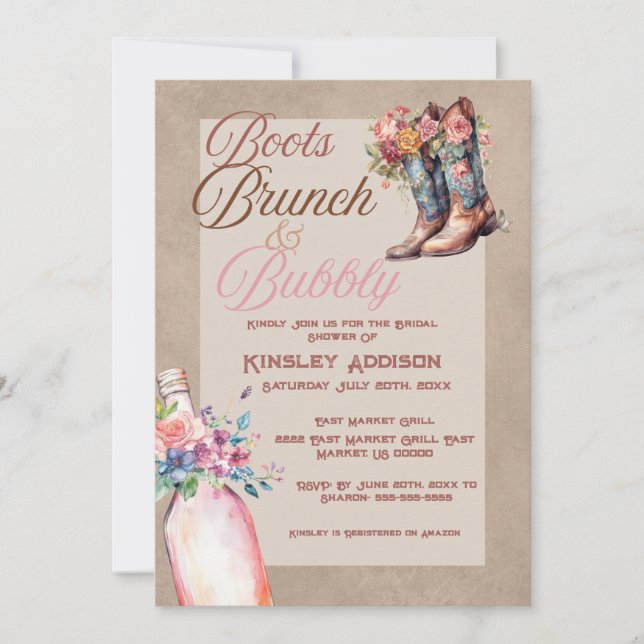 Boots Brunch & Bubbly Bridal Dusche Einladung (Vorderseite)
