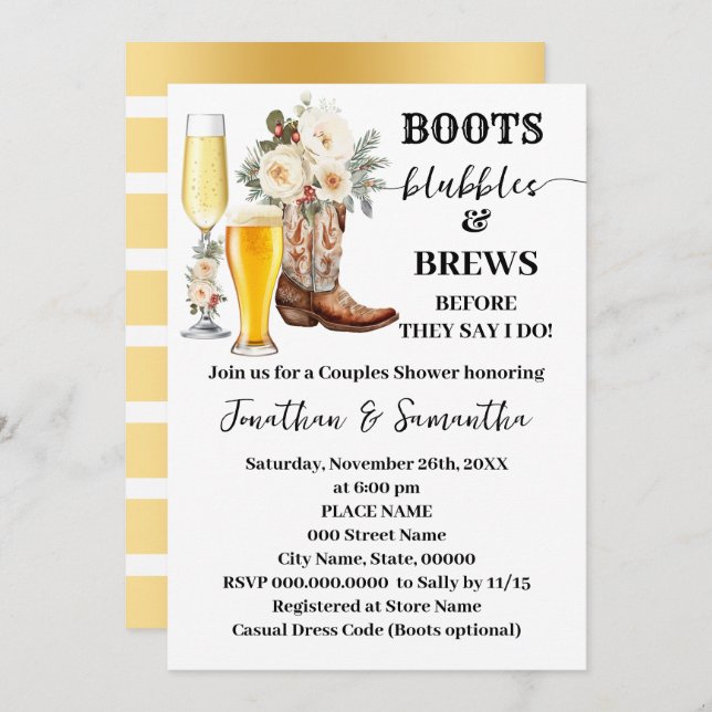Boots Bubbles & Brews Winter Bridal Shower Einladung (Vorne/Hinten)