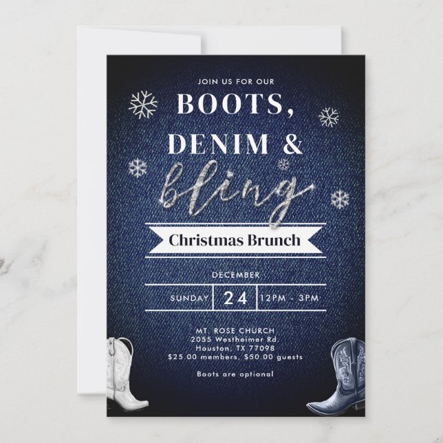 Boots Denim Bling Church Brunch Weihnachtsfest Par Einladung (Vorderseite)