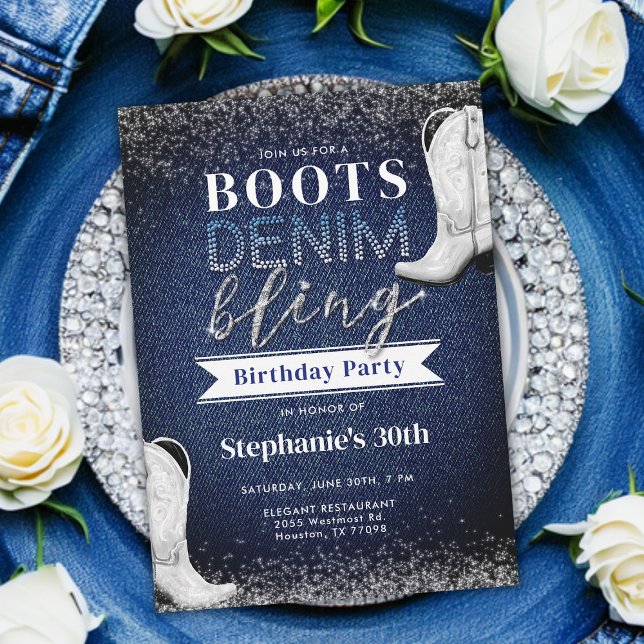 Boots Denim Bling Diamond Blue Jeans 30. Geburtsta Einladung (denim and diamonds 30th birthday party invitation boots bling rhinestones glam glitz glitzy cowgirl)
