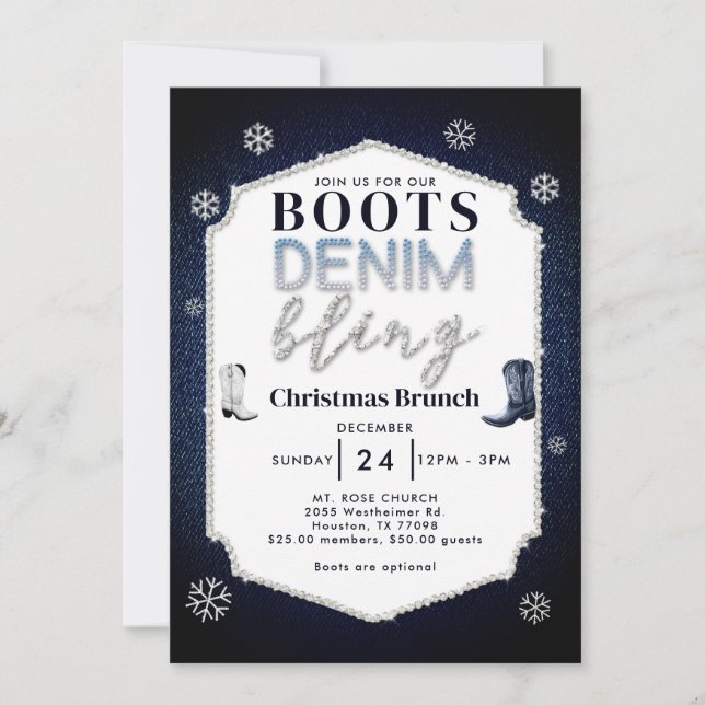 Boots Denim Bling Rahmen Weihnachtskirchenfeier Einladung (Vorderseite)