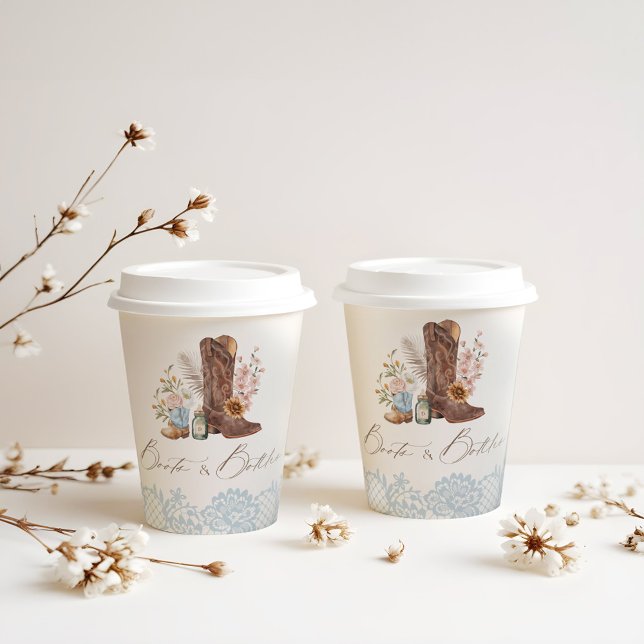 Boots & Flaschen Blue Cowboy Western Babydusche Pappbecher (Boots & Bottles Blue Cowboy Western Baby Shower Paper Cups)
