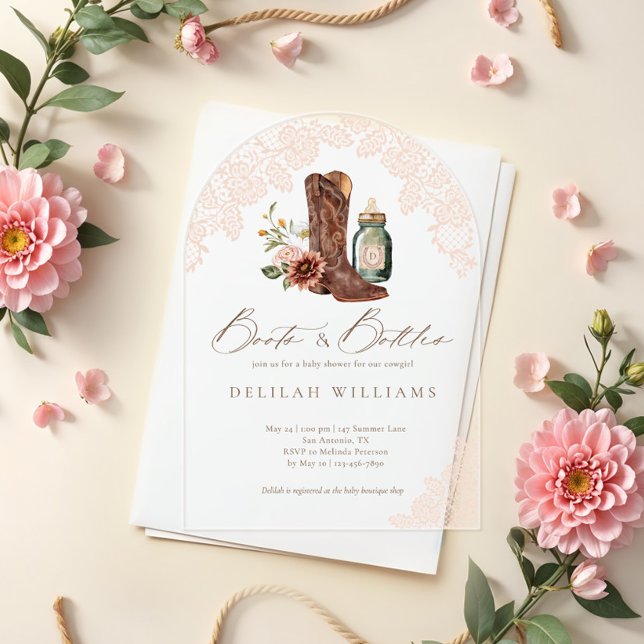 Boots & Flaschen Cowgirl Western Baby Shower Arch Acryleinladungen (Boots & Bottles Cowgirl Western Baby Shower Arch Acrylic Invitations)