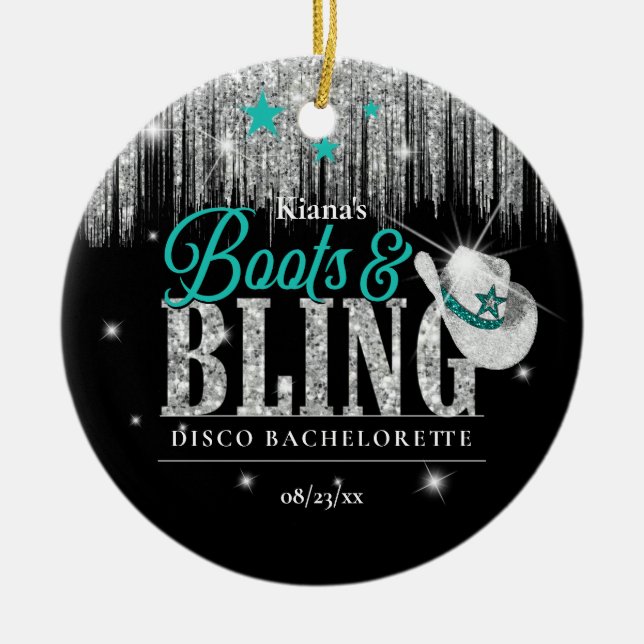 Boots 'n Bling Disco Bachelorette Aquamarin ID925 Keramik Ornament (Vorne)