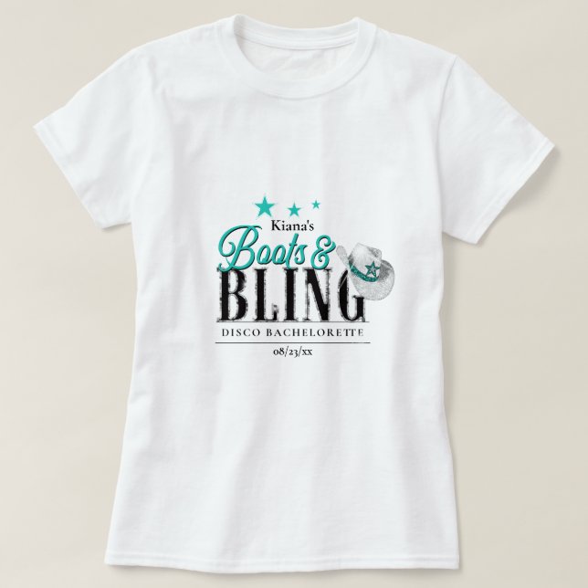 Boots 'n Bling Disco Bachelorette Aquamarin ID925 T-Shirt (Design vorne)