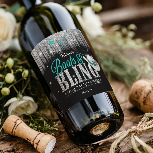 Boots 'n Bling Disco Bachelorette Aquamarin ID925 Weinetikett (Von Creator hochgeladen)