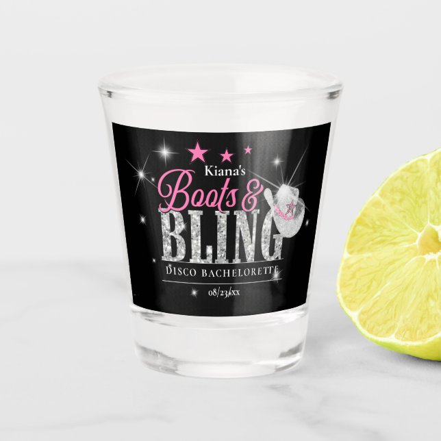 Boots 'n Bling Disco Bachelorette Pink/Black ID925 Schnapsglas (Vorderseite)