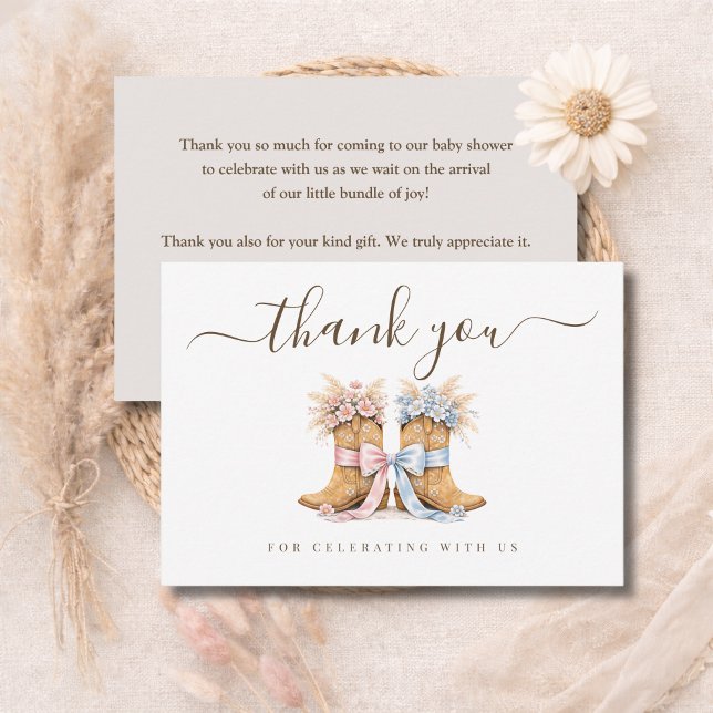 Boots oder Schleifen Western Chic Geschlechtsenthü Dankeskarte (Von Creator hochgeladen)