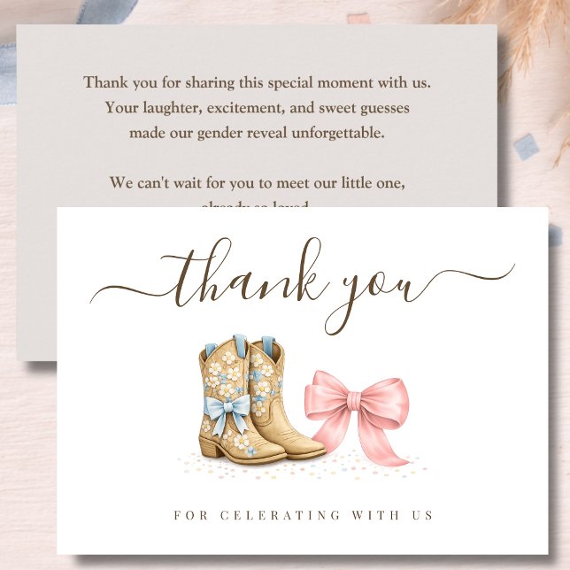 Boots oder Schleifen Western Chic Geschlechtsenthü Dankeskarte (Von Creator hochgeladen)