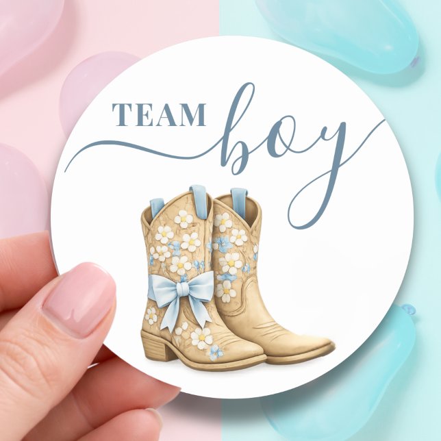 Boots or Bows Gender Reveal Blue Team Boy Runder Aufkleber (Von Creator hochgeladen)