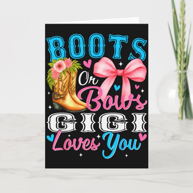 Boots Or Bows Gigi Loves You Gender Reveal Family  Karte (Vorderseite)