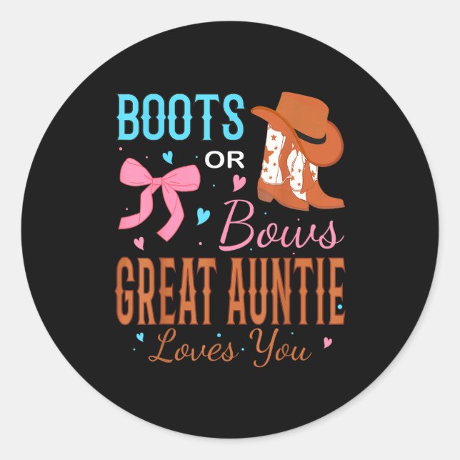 Boots Or Bows Great Auntie Loves You Gender Reveal Runder Aufkleber (Vorderseite)