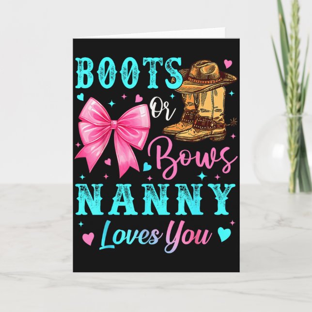 Boots Or Bows Nanny Loves You Gender Reveal Family Karte (Vorderseite)
