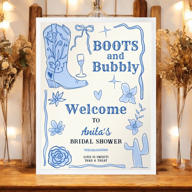 Boots und Bubbly Western Brautparty Willkommen Poster (Boots and Bubbly Western Bridal Shower Welcome Poster)