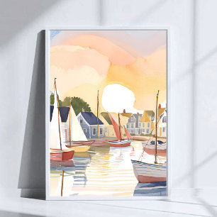 Bootsbucht Wasserfarbengemälde der Küstenozeane Poster