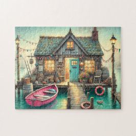 Bootsdock am Meer mit Ruderboot und Schatz Puzzle
