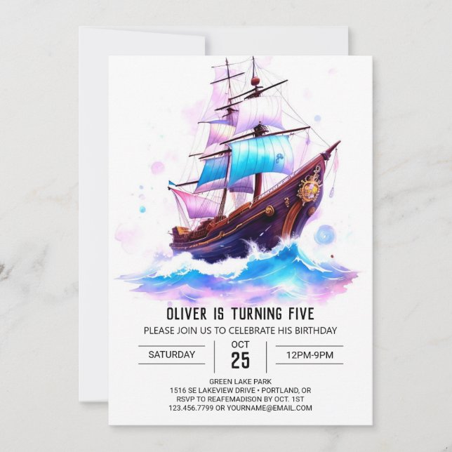 Bootsfarbe Fun Pirate Geburt Einladung (Vorderseite)