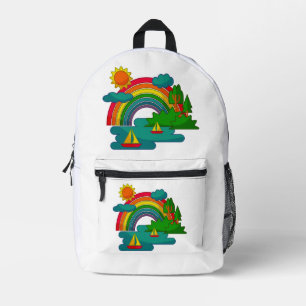 Bootslandschaft unter Sonnenwolken und Regenbogen Bedruckter Rucksack