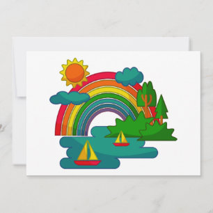 Bootslandschaft unter Sonnenwolken und Regenbogen Feiertagskarte