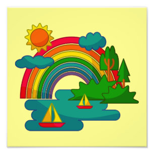 Bootslandschaft unter Sonnenwolken und Regenbogen Fotodruck